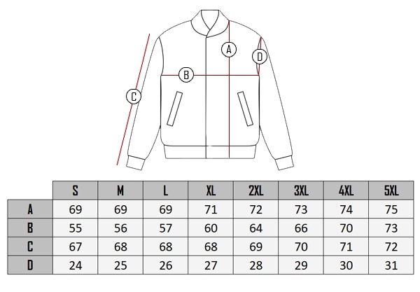 Premium rider skinnjakke size table