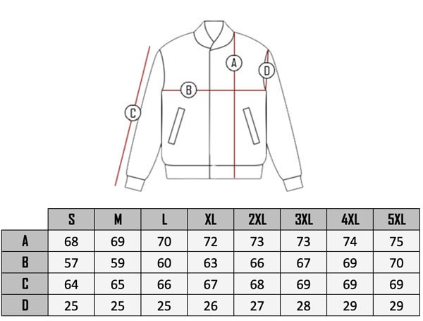 Rivian leather jacket size table