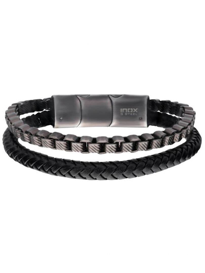 Leather & Chain Inox Armbånd - Sort/Sølv